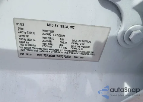 2022 Tesla Model Y Performance Dual Motor All-Wheel Drive z USA, uszkodzony, nr VIN 7SAYGDEF5NF373078